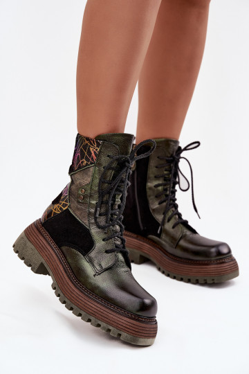 Kožené Pracovné členkové topánky Dámske s platformou Máciejka 07104-09 khaki farby