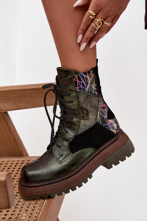 Kožené Pracovné členkové topánky Dámske s platformou Máciejka 07104-09 khaki farby