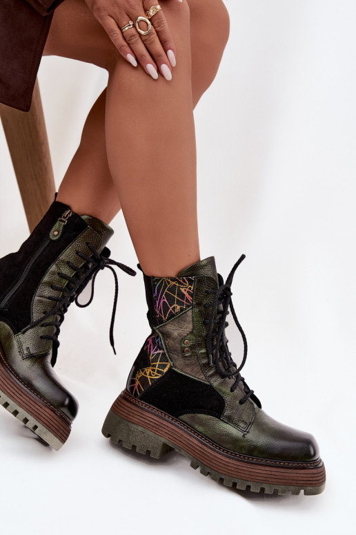 Kožené Pracovné členkové topánky Dámske s platformou Máciejka 07104-09 khaki farby