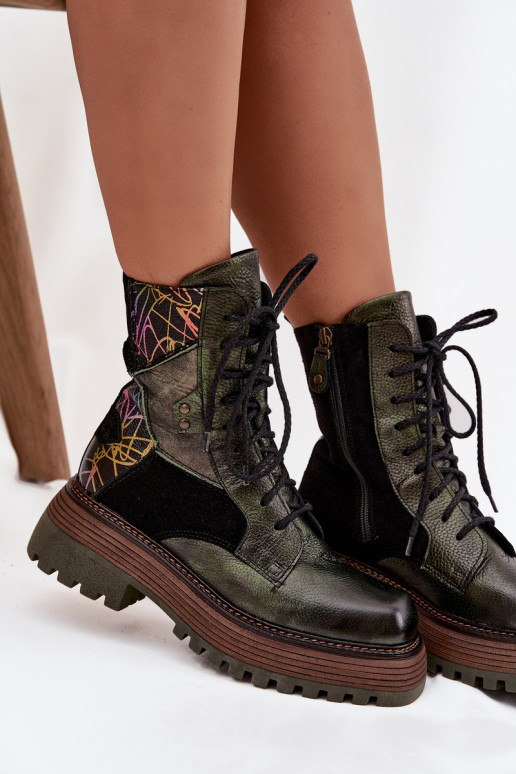 Kožené Pracovné členkové topánky Dámske s platformou Máciejka 07104-09 khaki farby