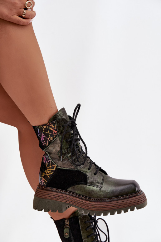 Kožené Pracovné členkové topánky Dámske s platformou Máciejka 07104-09 khaki farby