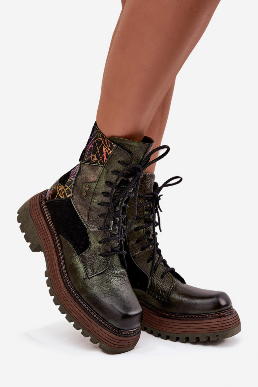 Kožené Pracovné členkové topánky Dámske s platformou Máciejka 07104-09 khaki farby