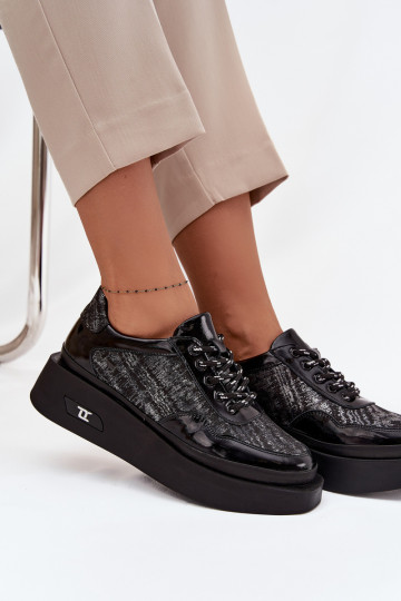 Kožené dámske šnurovacie topánky s platformou Artiker 57C2043, čierne a strieborné