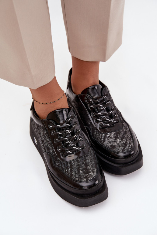 Kožené dámske šnurovacie topánky s platformou Artiker 57C2043, čierne a strieborné