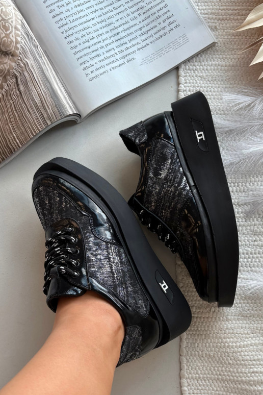 Kožené dámske šnurovacie topánky s platformou Artiker 57C2043, čierne a strieborné