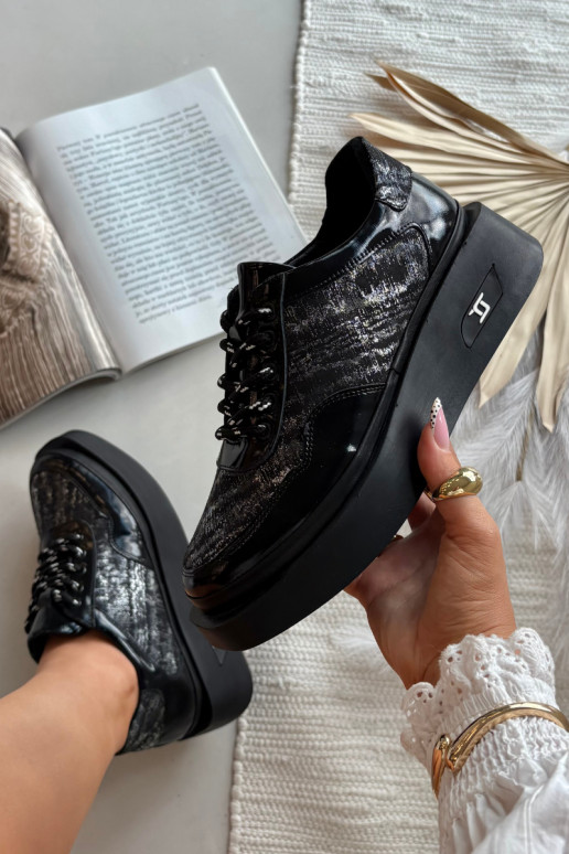 Kožené dámske šnurovacie topánky s platformou Artiker 57C2043, čierne a strieborné