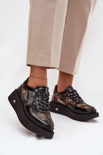 Kožené dámske šnurovacie topánky s platformou Artiker 57C2042, čierne a zlaté 2