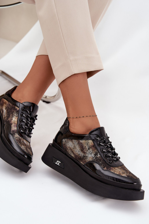 Kožené dámske šnurovacie topánky s platformou Artiker 57C2042, čierne a zlaté