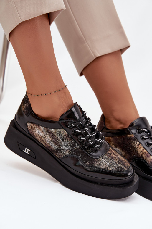 Kožené dámske šnurovacie topánky s platformou Artiker 57C2042, čierne a zlaté