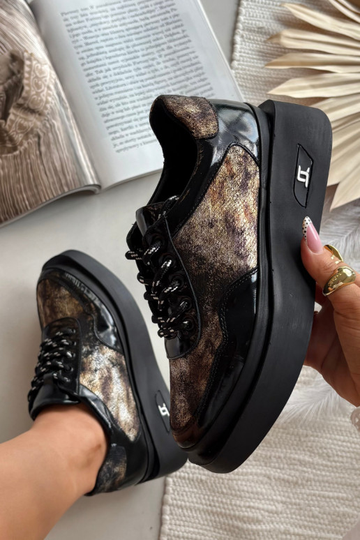 Kožené dámske šnurovacie topánky s platformou Artiker 57C2042, čierne a zlaté