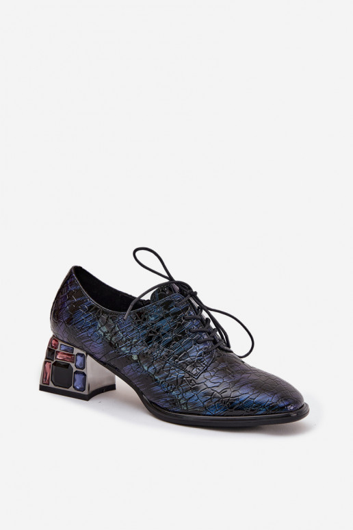 Tmavomodré lakované dámske poltopánky z prírodnej kože s podpätkami a lesklými očkami „Artiker 55C0428"