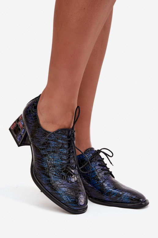 Tmavomodré lakované dámske poltopánky z prírodnej kože s podpätkami a lesklými očkami „Artiker 55C0428"