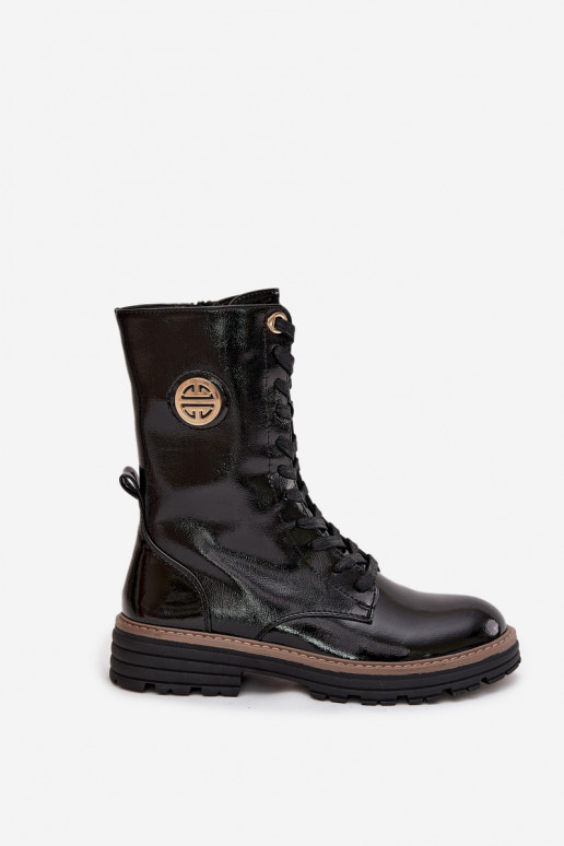 lakované pracovné dámske členkové topánky s detailmi zlaté farby zateplené čiernej farby Dorialine