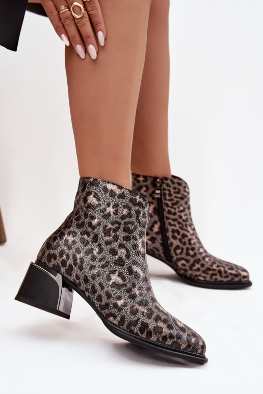 Kožené Dámske čižmy Zapnuté Klocku zahriať sa so vzormi leopardej kožušiny D&A CR52-622 Čierna a-zlatej farby