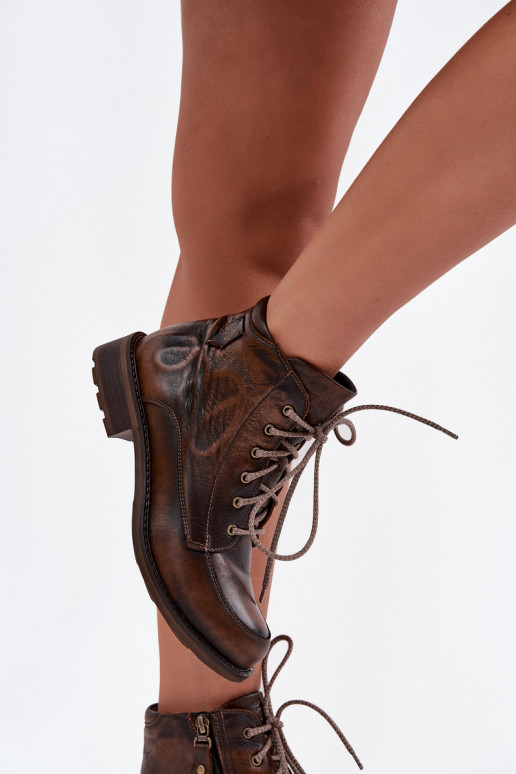 Dámske čižmyZapnutéturalnej Skóry so širokými podpätkami Máciejka 07063-02 Hnedá farba