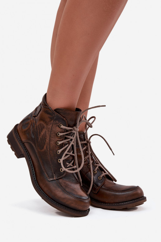 Dámske čižmyZapnutéturalnej Skóry so širokými podpätkami Máciejka 07063-02 Hnedá farba