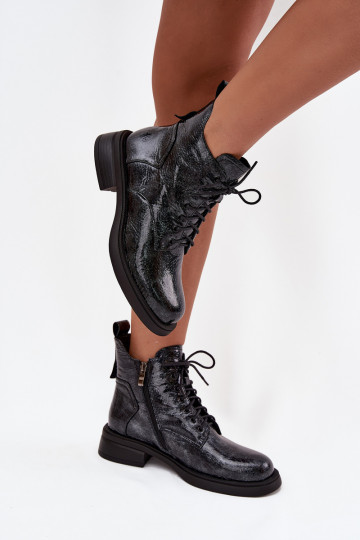 s lakovým efektom Kožené Dámske čižmy Zapnuté Klocku D&A LZ52-954 tmavomodrá