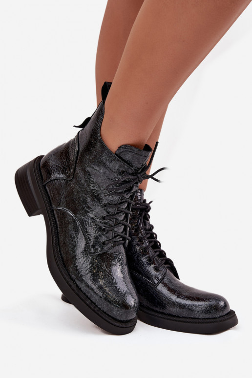 s lakovým efektom Kožené Dámske čižmy Zapnuté Klocku D&A LZ52-954 tmavomodrá