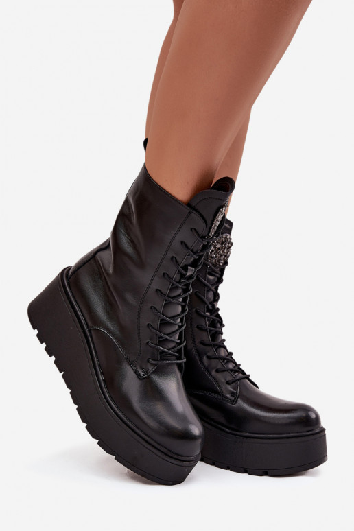 Kožené Dámske čižmy s ozdobami zahriať sa čierna Ulrika