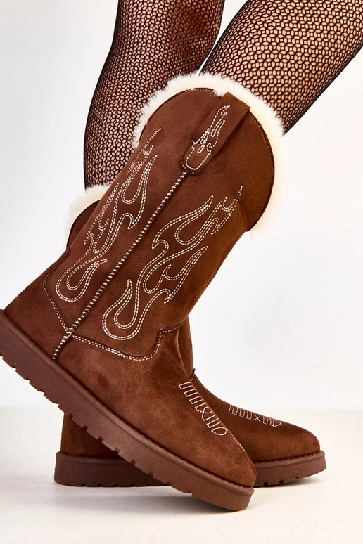 Hnedé snehové topánky s výšivkou na...