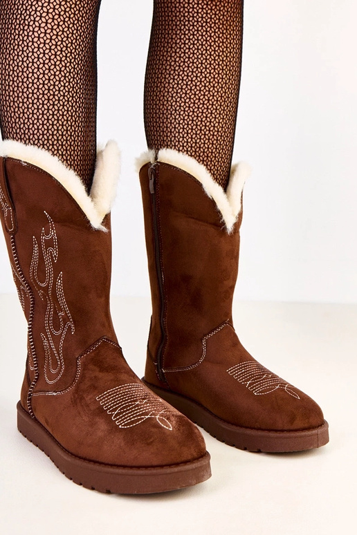 Hnedé snehové topánky s výšivkou na...