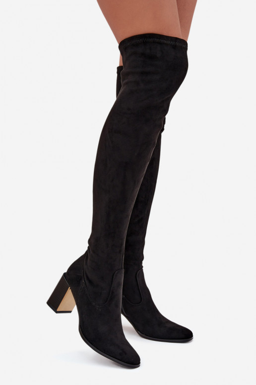 dámske čižmy nad kolenom s podpätkami z eko semišuoIne čierna Jelina
