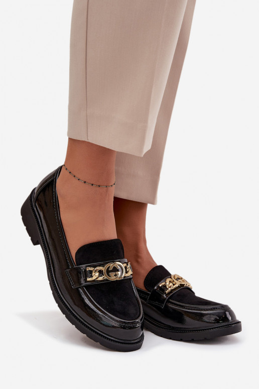 Lakované dámske mokasíny s detailmi v zlatej farbe S.Barski HY52-540 čierne