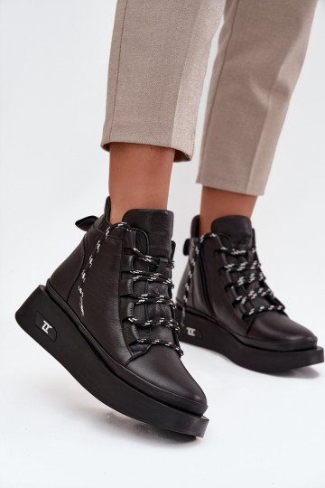 Kožené dámske členkové čižmy s platformou, zateplené, Artiker 55C0809 čierne