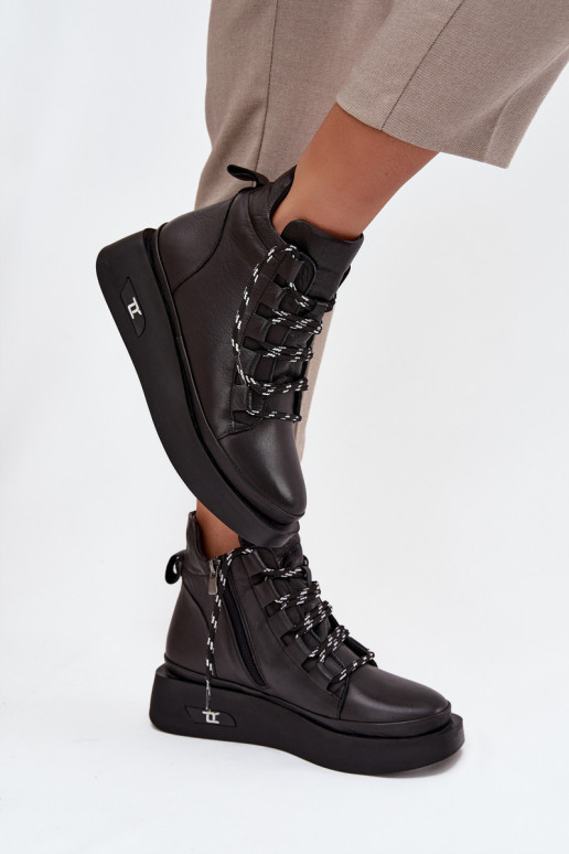 Kožené dámske členkové čižmy s platformou, zateplené, Artiker 55C0809 čierne