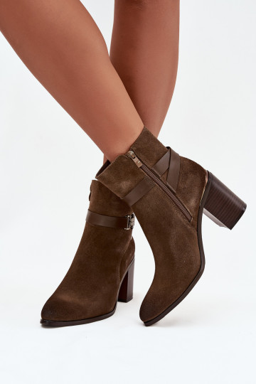 Khaki dámske teplé semišové členkové topánky s podpätkami z prírodnej kože Sergio Leone BT25384-S