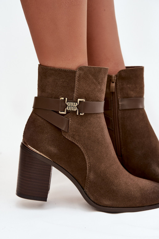 Khaki dámske teplé semišové členkové topánky s podpätkami z prírodnej kože Sergio Leone BT25384-S