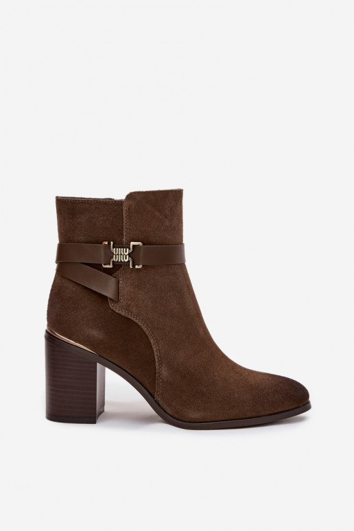 Khaki dámske teplé semišové členkové topánky s podpätkami z prírodnej kože Sergio Leone BT25384-S