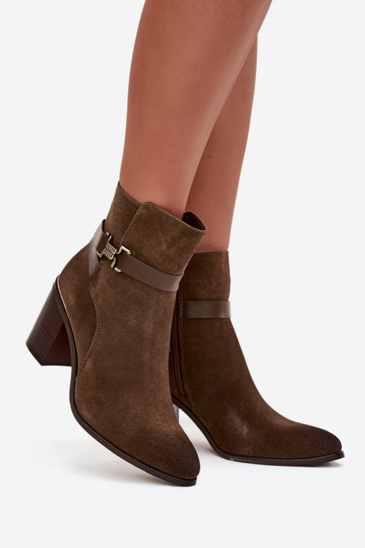 Khaki dámske teplé semišové členkové topánky s podpätkami z prírodnej kože Sergio Leone BT25384-S