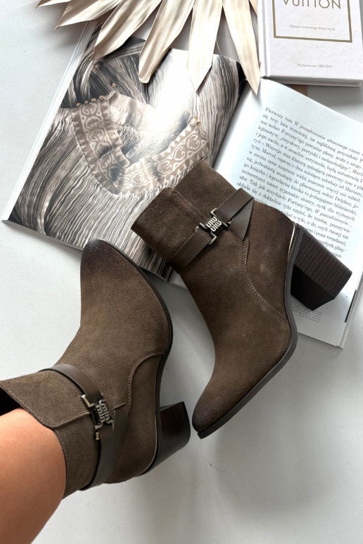 Khaki dámske teplé semišové členkové topánky s podpätkami z prírodnej kože Sergio Leone BT25384-S