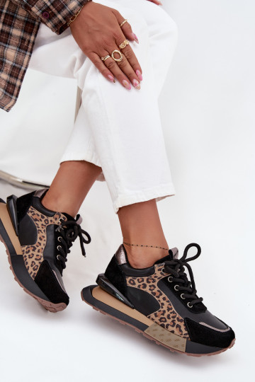 Kožené dámske športové topánky s platformou a leopardím vzorom Artiker 55C0134 čiernej farby