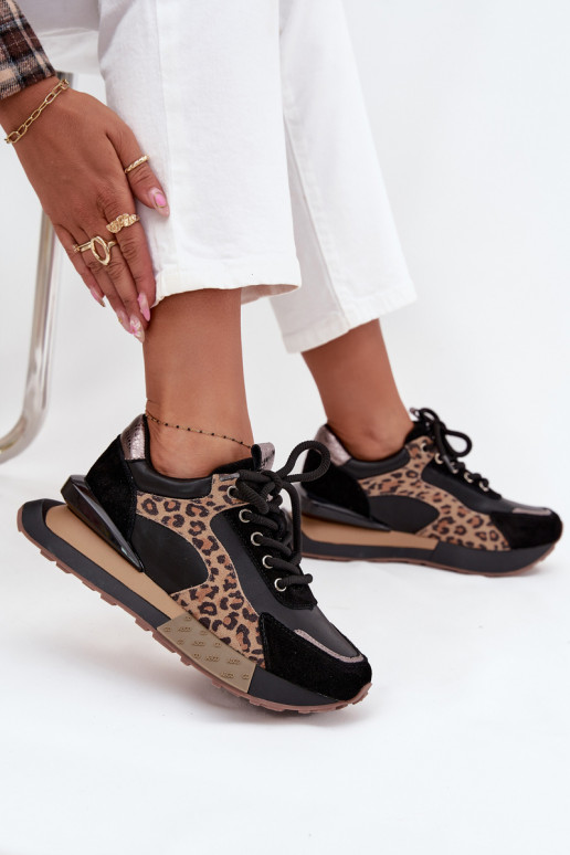 Kožené dámske športové topánky s platformou a leopardím vzorom Artiker 55C0134 čiernej farby