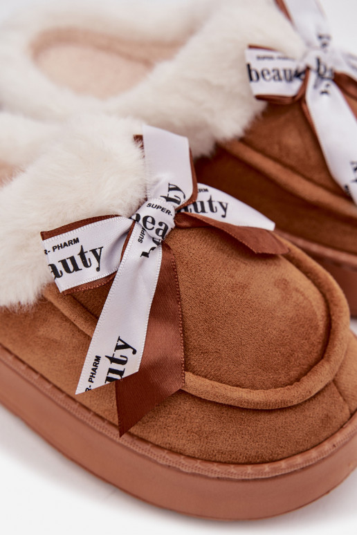 Dámske papuče s kožušinou a mašľou, hnedé „Fenella"