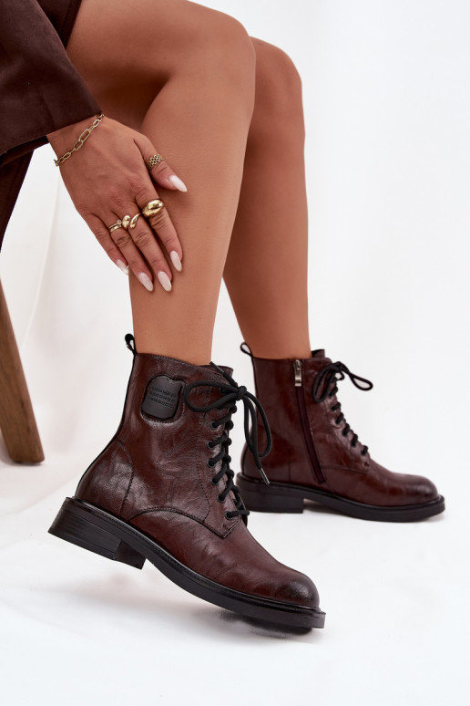 Kožené Pracovné členkové topánky Dámske S Ornatem Detalem Máciejka K7180-01 Hnedá farba Kožené Pracovné členkové topánky Dámske S Ornatem Detalem Máciejka K7180-01 Hnedá farba