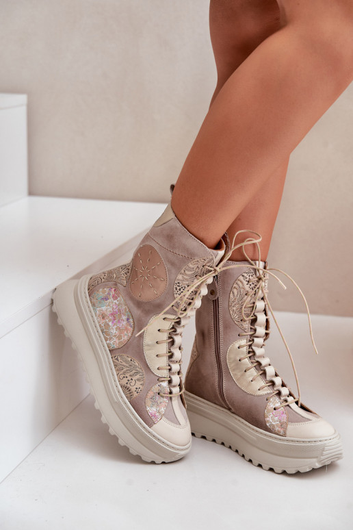 Kožené Semišové topánky s platformou zahriať sa Máciejka 06565-04 béžová