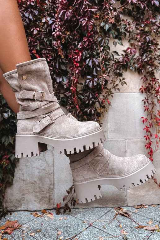 Dámske čižmy Zapnuté masívnych opätkoch s prackami I Pruhyem béžová Nerelisa