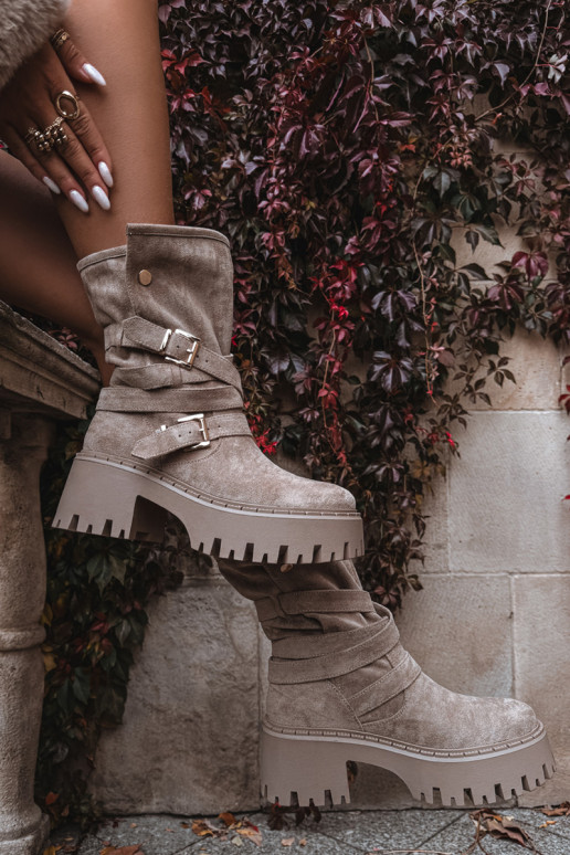 Dámske čižmy Zapnuté masívnych opätkoch s prackami I Pruhyem béžová Nerelisa