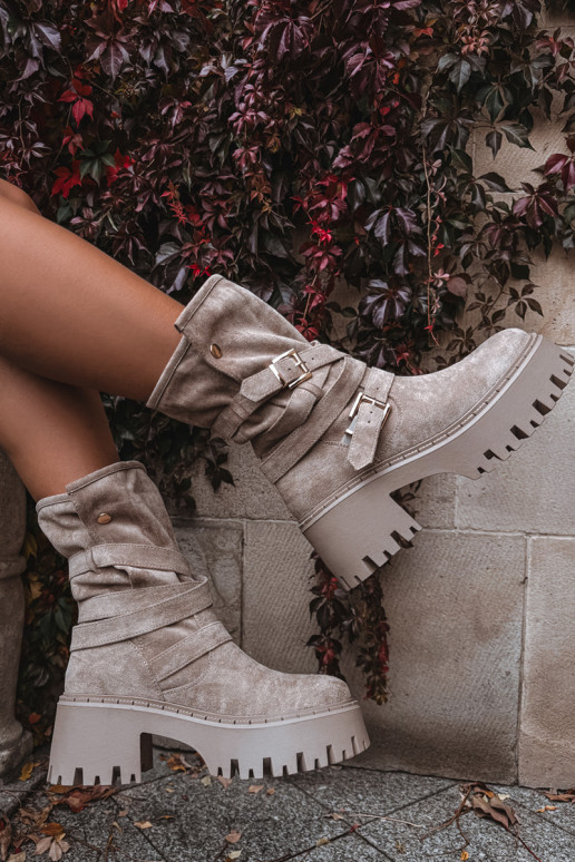 Dámske čižmy Zapnuté masívnych opätkoch s prackami I Pruhyem béžová Nerelisa