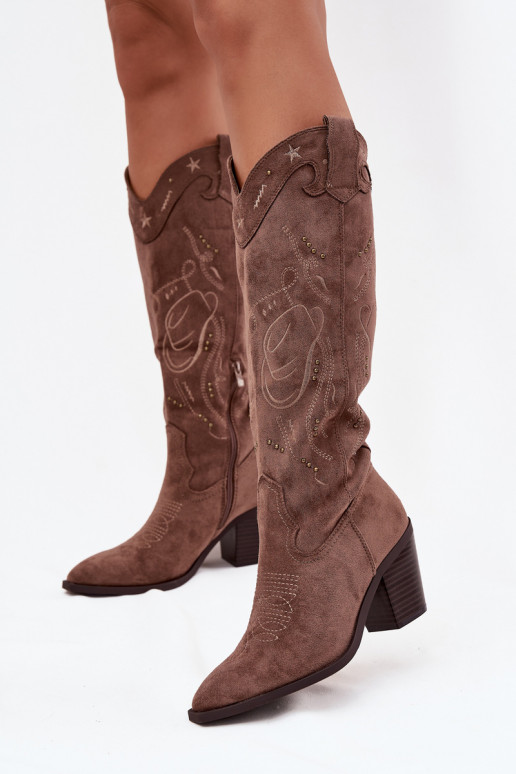 čižmy kovbojský štýl Dámske s podpätkamiz eko semišuu khaki farby Coretta