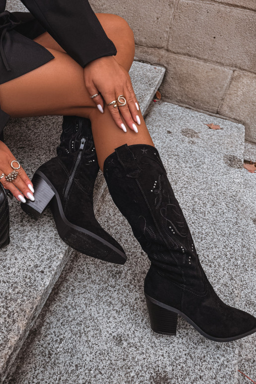 čižmy kovbojský štýl Dámske s podpätkamiz eko semišuu čierna Coretta