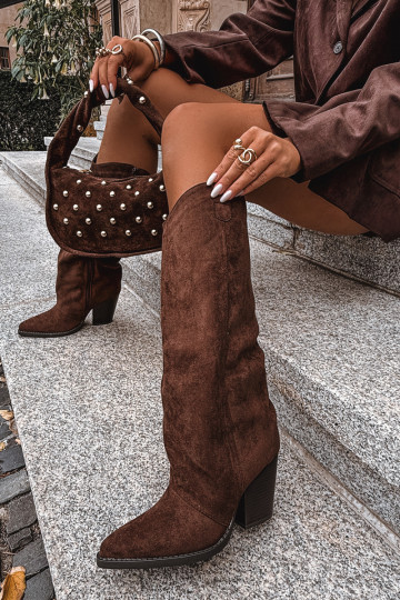 zahriať sa čižmy kovbojský štýl s podpätkamiz eko semišuu CzekoladoIne Mávine