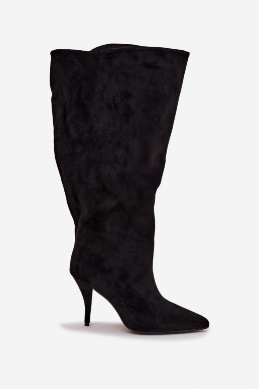 Trvalý model dámske čižmy s tenkými podpätkamiz eko semišuu čierna Noretta