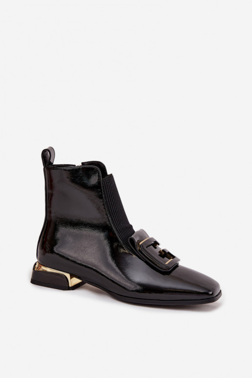 Kožené s lakovým efektom Dámske čižmy Zapnuté nízkom opätku s ozdobami D&A MR52-216 čierna Kožené s lakovým efektom Dámske čižmy Zapnuté nízkom opätku s ozdobami D&A MR52-216 čierna