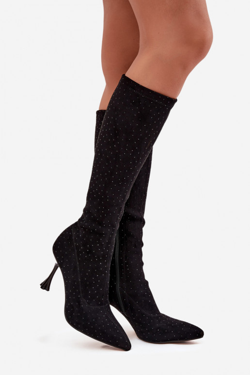 dámske čižmy s tenkými podpätkami S Dekoráciou D&A JC52-883 čierna dámske čižmy s tenkými podpätkami S Dekoráciou D&A JC52-883 čierna