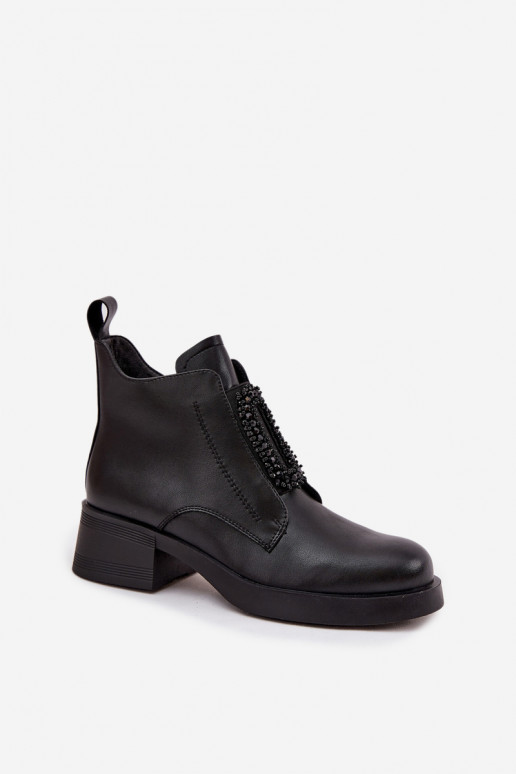 Kožené Dámske čižmy Zapnuté Klocku s ozdobami D&A JC52-869 čierna Kožené Dámske čižmy Zapnuté Klocku s ozdobami D&A JC52-869 čierna