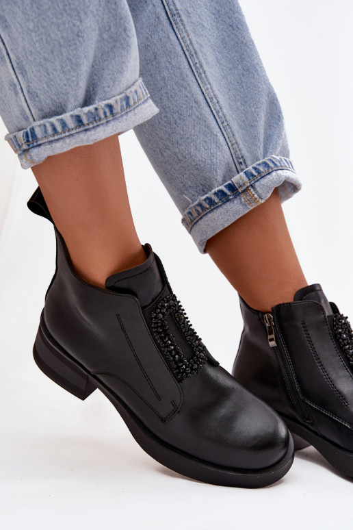 Kožené Dámske čižmy Zapnuté Klocku s ozdobami D&A JC52-869 čierna Kožené Dámske čižmy Zapnuté Klocku s ozdobami D&A JC52-869 čierna